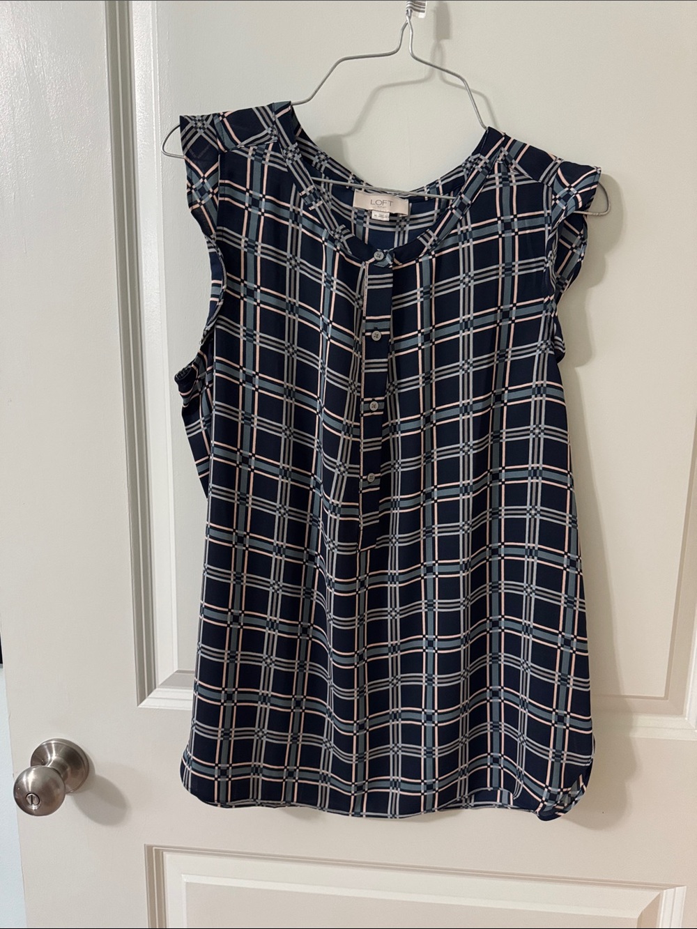 LOFT Navy Plaid Sleeveless Button-Front Blouse